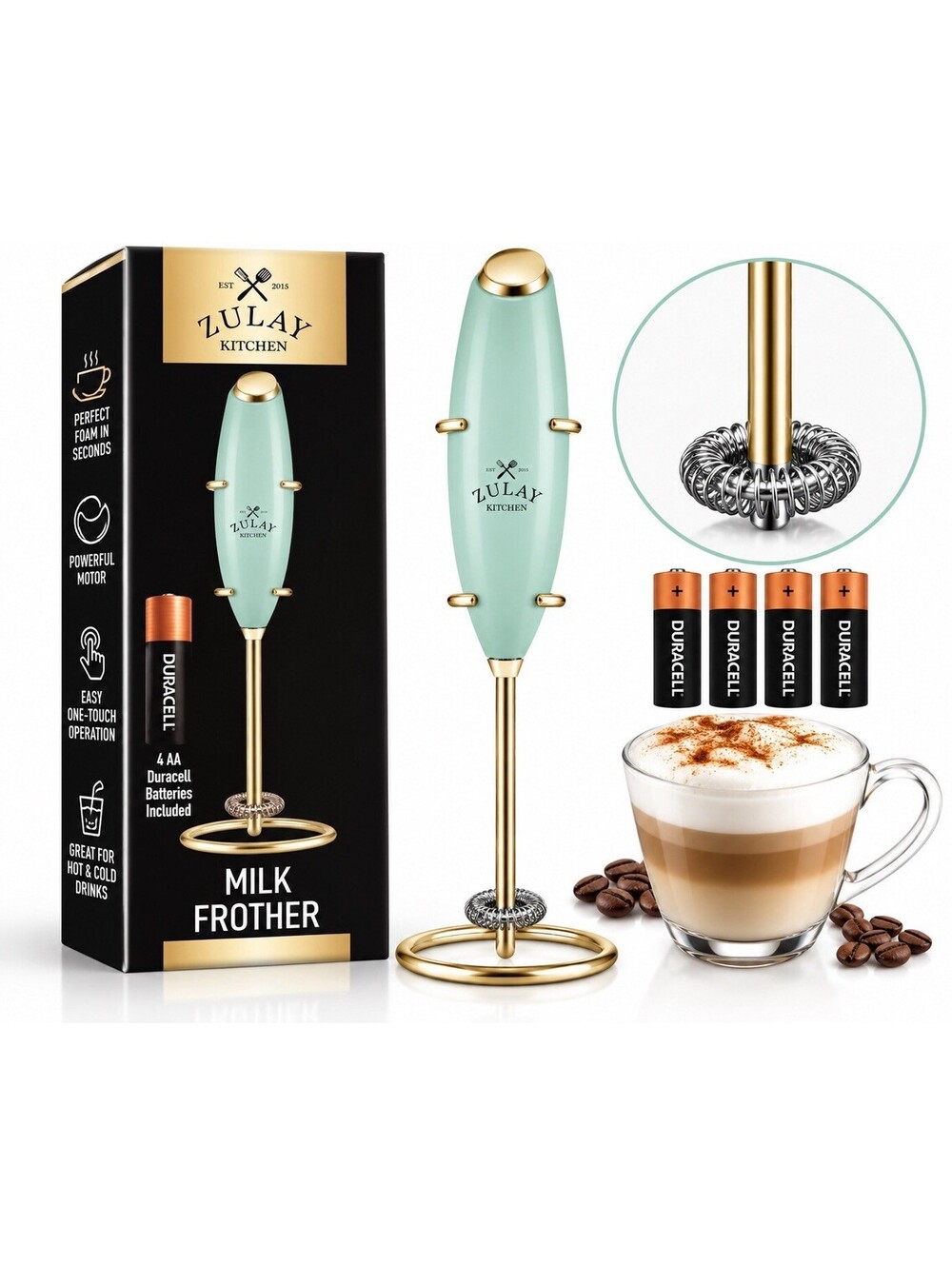 💚 Zulay Kitchen Milk Frother Mint Green Gold Stand 4 AA Batteries Included